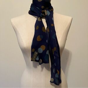 VTG Echo Navy With Brown Blue Polka Dots Silk Scarf Rectangle 10in X 54in